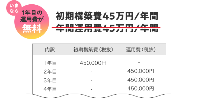 初期構築費45万円/年間、年間運用費45万円/年間。いまなら1年目の運用費が無料